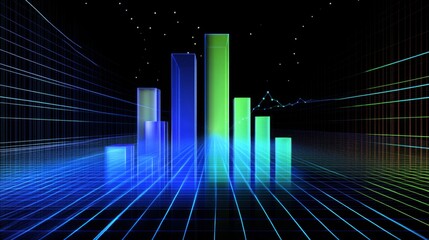 Poster - A detailed D financial bar graph with rising bars in blue and green tones, set against a modern digital grid background with glowing elements.