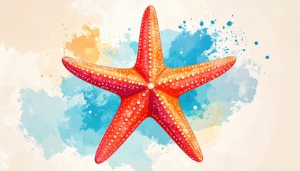 Leinwandbilder - Watercolor painting of a beautiful red starfish on a colorful background.