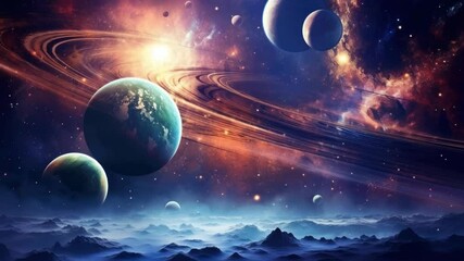 Wall Mural - a cosmic video scene of planets and rings in a colorful galaxy, viewed from a low angle, showcasing 