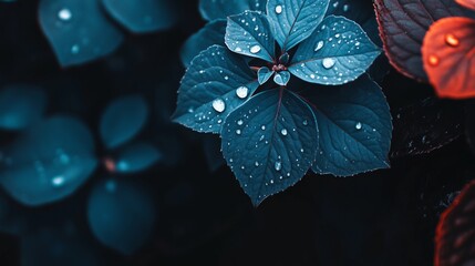 Poster - A macro shot of a vibrant blue hydrangea with raindrops on its petals, creating a stunning visual effect that emphasizes the flowers texture and color.