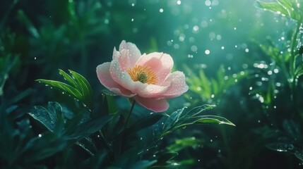 Poster - A stunning shot of a pink peony with sparkling water droplets, surrounded by lush green foliage, capturing the lushness and beauty of a garden after a rain shower.