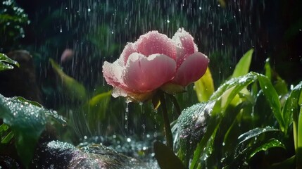 Poster - A stunning shot of a pink peony with sparkling water droplets, surrounded by lush green foliage, capturing the lushness and beauty of a garden after a rain shower.
