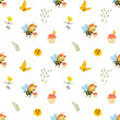 © Нина Романенко - Seamless pattern with cute cartoon bees, honey jars, butterflies, flowers and sun faces on white background