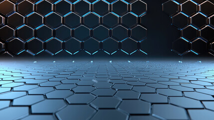 Poster - Futuristic hexagon pattern, metallic surface, blue light, abstract background, modern technology, digital wall