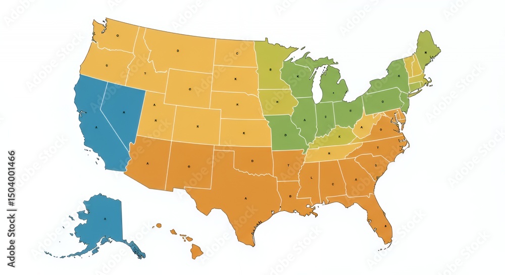 US States Color-Coded Map: Regional Divisions Stock Illustration ...