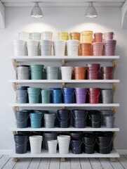 Aufkleber - Colorful Display of Facade Paint Buckets on Shelves Illuminated by Spotlight With Open Top Layout Showcasing Various Shades