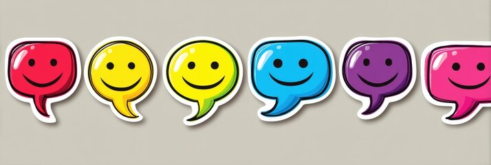 Fototapete - Bright Smiley Face Stickers With Colorful Speech Bubbles for Creative Projects and Communication