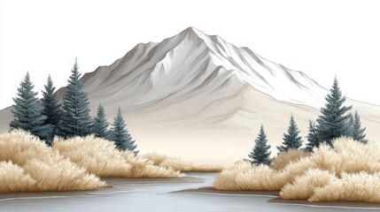 Wall Mural - Serene Mountain Landscape  River  Pines    Grass Illustration