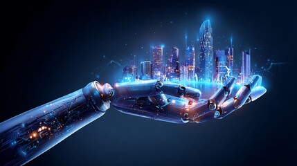 Futuristic robot hand holds a digital city.