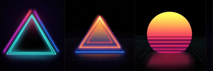 Poster - Retro 80s Style Neon Sticker Pack Displayed on a Dark Surface Illuminated by Light From the Left Side in a Vibrant Artistic Composition