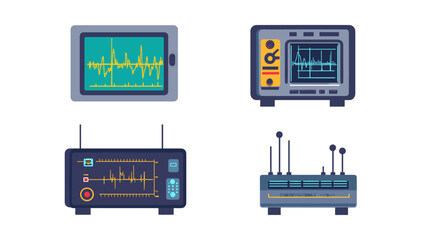 Electronic Equipment Set Featuring Monitors and Waveform Displays in Pixelated Retro Style Isolated on White Background