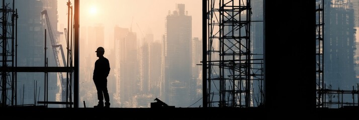 Poster - Worker Silhouette on Skyscraper Construction Site at Sunset With Urban Skyline Backdrop and Open Framework