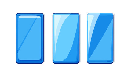 Three Blue Glass Pixel Art Style Smartphone Mockups with Clean Simple Design and Light Reflections in a White Background