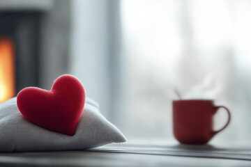 Wall Mural - image of a red heart-shaped pillow and a hot drink on a blurred fireplace background