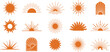 © WinWin - Boho sun silhouette icons. Boho sun emblem symbols of sunrise and sunset with rays, arch and wave shapes. Minimalist summer sunshine and dawn light solid signs vector set with editable stroke paths.
