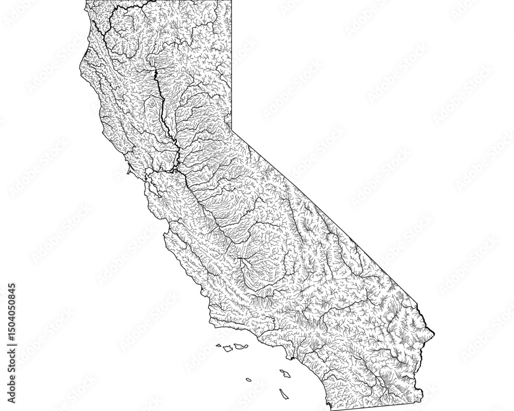 Minimalist River Map of California, USA: Detailed Hydrographic Network ...