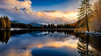Wall Mural - Golden Sunrise Over Tranquil Mountain Lake with Snow-Capped Peaks and Autumn Trees Reflected in Calm Waters