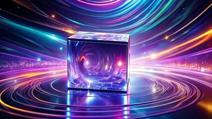 Wall Mural - a transparent cube with energy pulses sits on a reflective circular platform in an abstract neon lig
