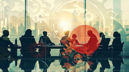 Aufkleber - Collaborative business meeting with diverse professionals exchanging ideas in a modern office setting during sunset