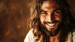 © DP - Smiling man with long dark hair and beard, wearing a light shirt, poses against a textured brown background, radiating warmth and positivity in a relaxed atmosphere