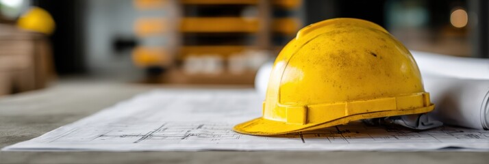Leinwandbilder - Yellow Construction Helmet Rests on Blueprint on Table in Construction Site With Empty Space for Tools or Materials