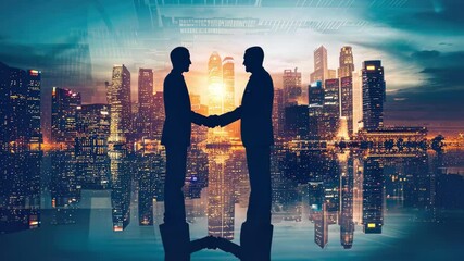 Aufkleber - Business professionals shaking hands against a city skyline during sunset with reflections in the water, showcasing partnership and collaboration in a modern urban setting