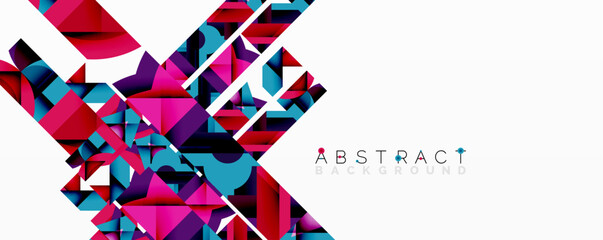 Fototapete - Geometric shapes overlap, creating vibrant abstract composition. Pink, teal, red dominate white space. Modern design element.