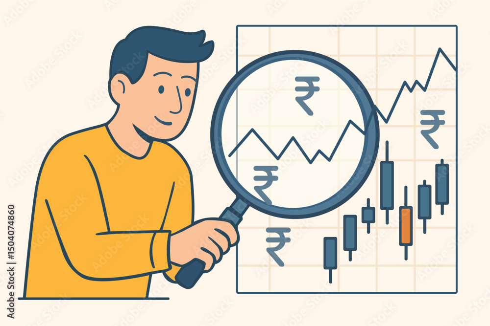 Analyzing stock market candlestick chart with a magnifying glass and ...