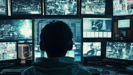 One person coding surrounded by computer screens displaying data and code in dark room. Technology and cyberspace security concept.