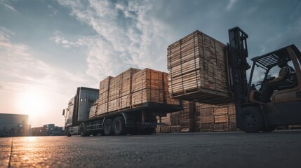 Poster - Forklift Loading Building Materials Onto Truck Under Clear Sky at Industrial Site in Late Afternoon