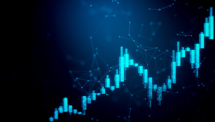 Fototapete - Digital glowing forex candlestick chart with financial data and network connections on dark blue background representing stock market growth trend. 3D Rendering