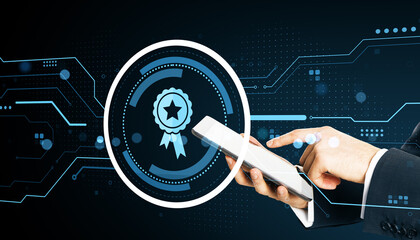 Fototapete - Businessman using smartphone with digital badge icon on futuristic tech interface background representing online certification concept.