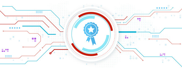 Fototapete - Digital certification badge with abstract technology circuit lines and light elements on white background representing innovation and quality concept. 3D Rendering