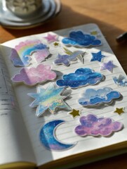 Aufkleber - DIY Cutout Stickers Featuring Colorful Clouds and Stars Arranged on a Notebook Page With a Cozy Atmosphere
