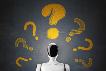 Fototapete - Humanoid robot facing glowing yellow question marks on dark background symbolizing curiosity, problem-solving, and unanswered queries. 3D Rendering