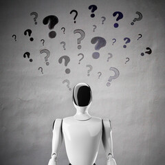 Fototapete - Humanoid robot under question marks on textured wall, representing curiosity and automation in problem-solving and machine intelligence concept. 3D Rendering