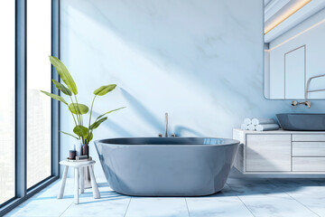 Aufkleber - Modern luxury bathroom interior with freestanding tub, large windows, and minimalist decor in soft blue tones and natural light ambiance. 3D Rendering