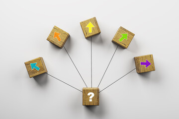 Fototapete - Wooden cubes with colorful arrows pointing in different directions from a central question mark cube on white background. Concept of decision making. 3D Rendering