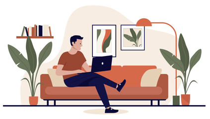 Poster - Man using laptop in sofa - Person sitting cross legged in couch at home in living room relaxing with laptop in lap smiling. Flat design isolated vector illustration graphic on white background