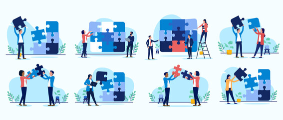 Fototapete - Businesspeople with puzzle collection - Business problem solving set of vector illustrations with jigsaw pieces connecting and finding perfect match. Flat design graphics on white background