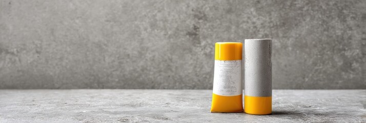 Fototapete - Tubes of Adhesive for Stone and Tile Arranged on a Minimal Surface in a Craft or Home Improvement Setting