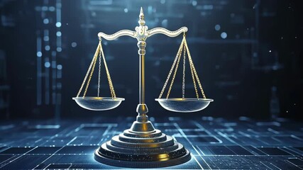 Digital Scales of Justice on futuristic technology background. Law and Technology concept.