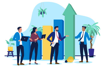 Aufkleber - Successful businesspeople with rising chart - Team or group of people working in business standing with diagram and green arrow pointing up. Growth and financial success concept in flat design