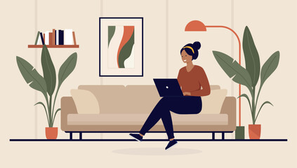 Poster - Woman with laptop in couch at home - Person sitting cross legged with computer in sofa, relaxing and enjoying spare time online surfing on internet web. Flat design vector illustration