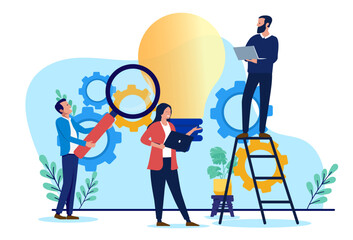 Poster - Business idea work - Team or group of businesspeople generating ideas with cogwheel machinery. Entrepreneurship and innovation concept in flat design vector illustration on white background