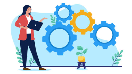 Aufkleber - Woman working on computer with cogwheels - Female businessperson in work process standing holding laptop and looking at business machinery smiling. Flat design vector illustration on white background