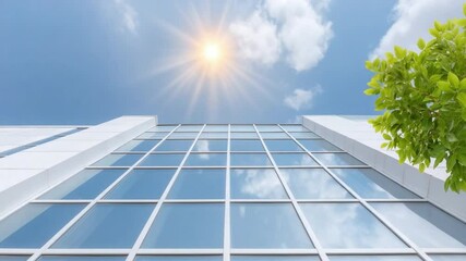 Poster - Modern Architectural Ascent: The modern architecture, with its clean lines and reflective surfaces, reaches towards a radiant sun and serene blue sky.  A vivid green tree, a touch of nature.