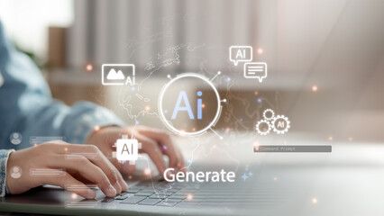 ai generation technology concept with person typing on laptop, surrounded by digital ai icons, repre