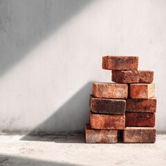 Fototapete - Stack of Red Bricks Rests on Concrete Surface With Distinct Shadows During Daylight