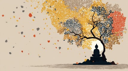 Aufkleber - Bodhi Tree Illustration With Falling Leaves and a Serene Center Open Space for Meditation or Reflection